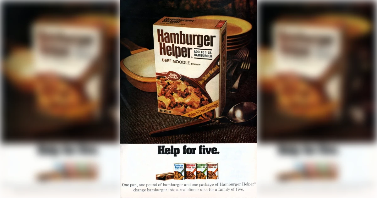 1970s Hamburger Helper Beef Noodle magazine ad with the headline Help for five
