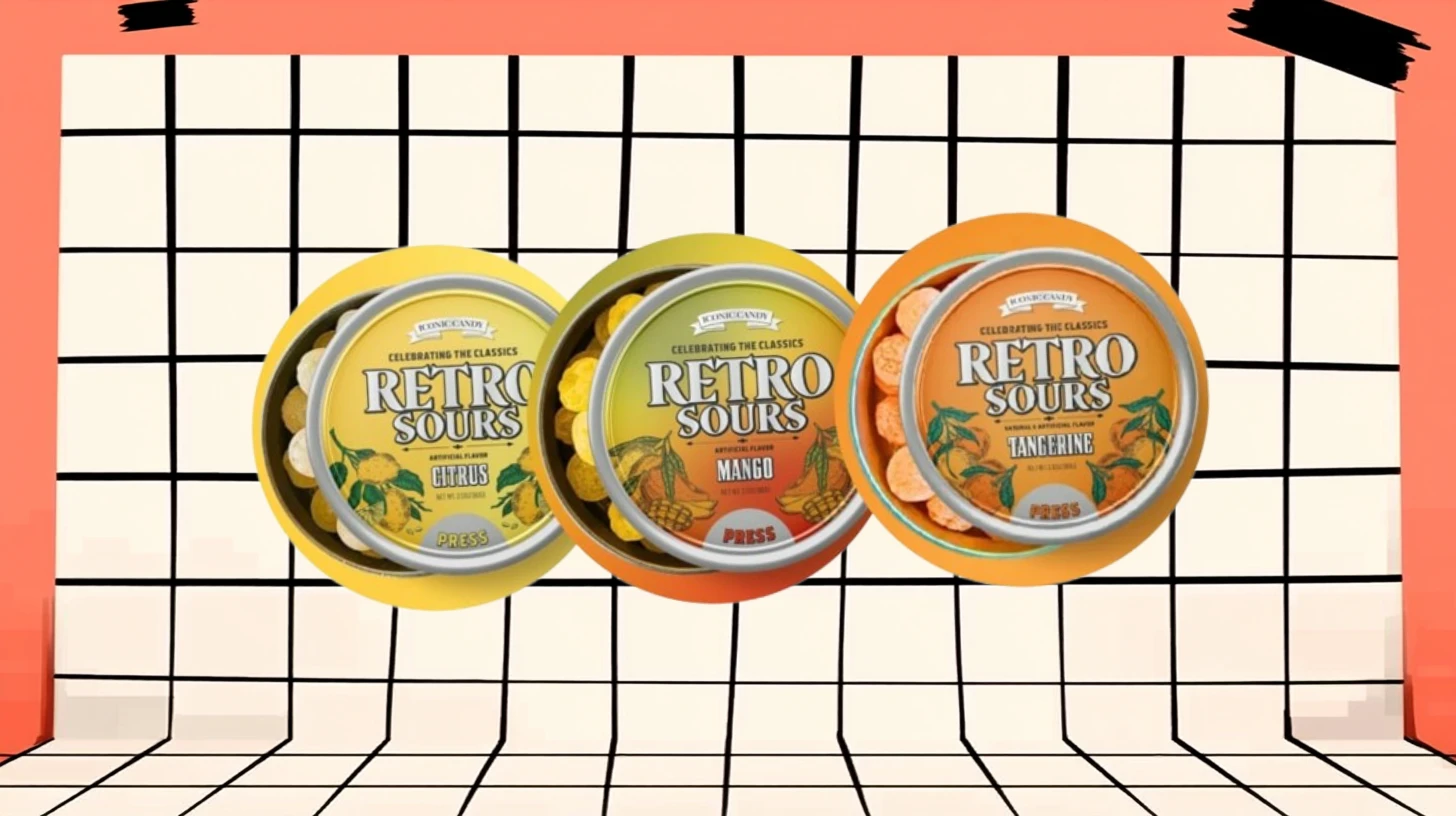 Iconic Candy Three Iconic Candy Retro Sours tins in citrus, mango, tangerine
