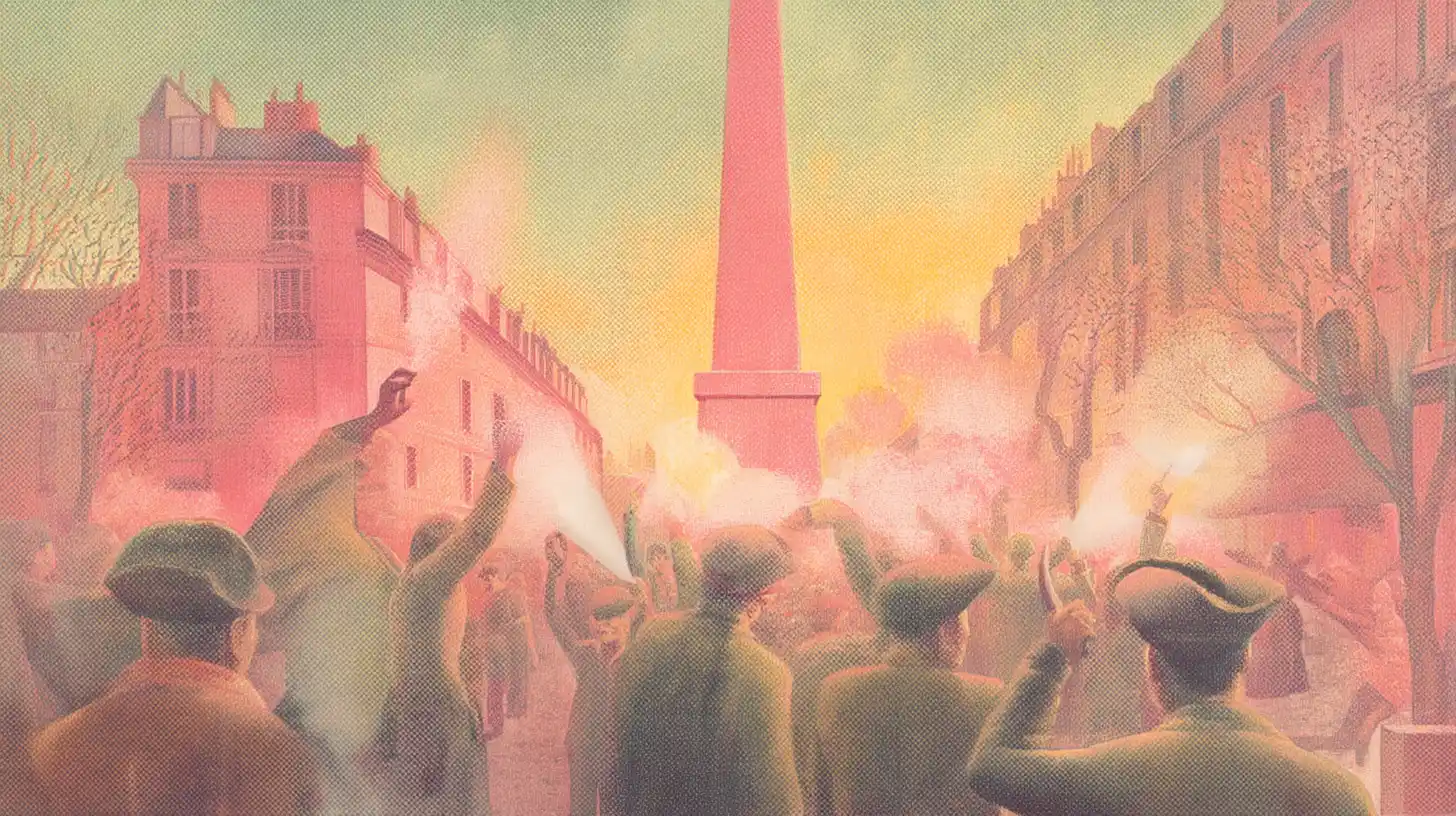 Painted crowd raising arms with flares on a Paris street