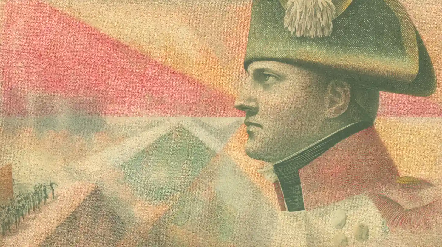 Napoleon Bonaparte profile portrait in bicorne hat with Egyptian pyramids behind