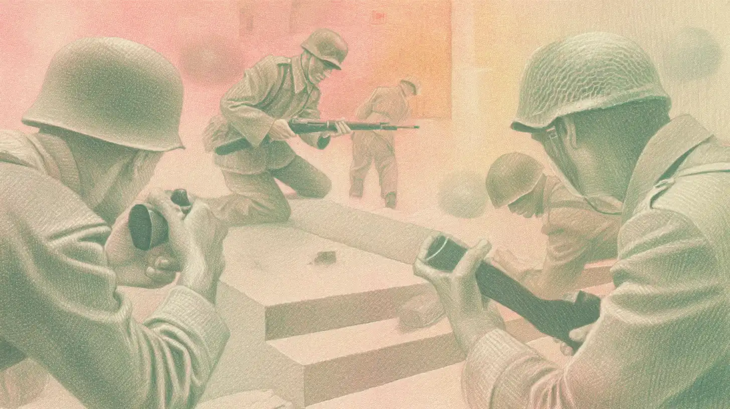 Illustrated World War II soldiers with rifles and binoculars behind cover