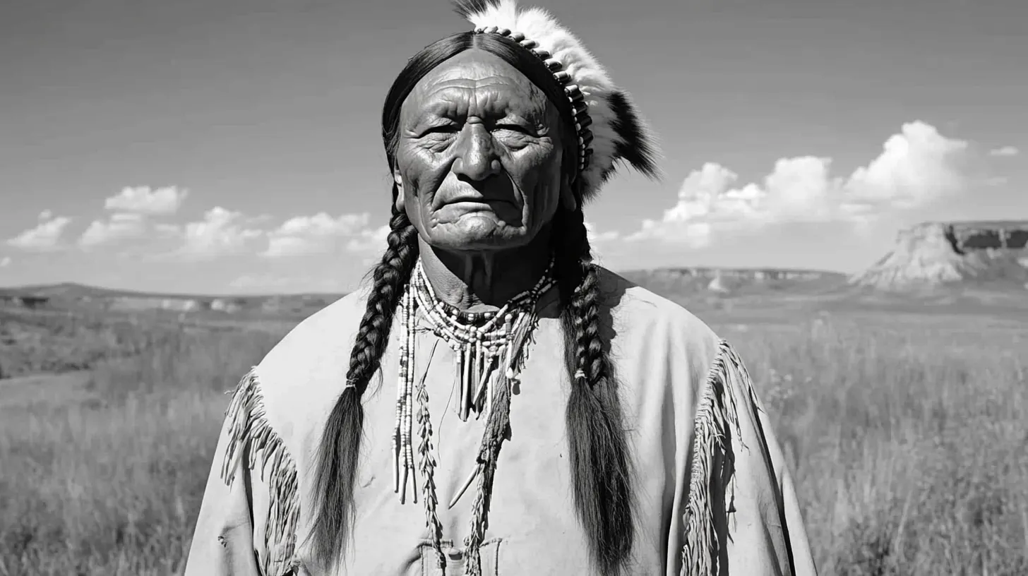 Sitting Bull in fringed buckskin on the plains © History Oasis Elderly Lakota man in feather headdress and fringed buckskin on the prairie