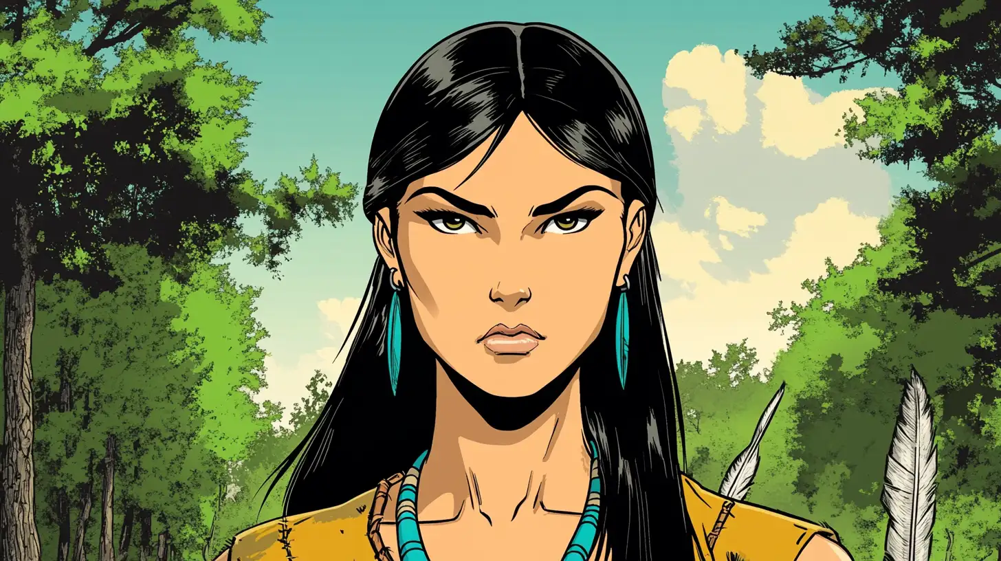 Illustrated portrait of Pocahontas in the Virginia woods © History Oasis Illustrated young Powhatan woman with turquoise earrings in a forest