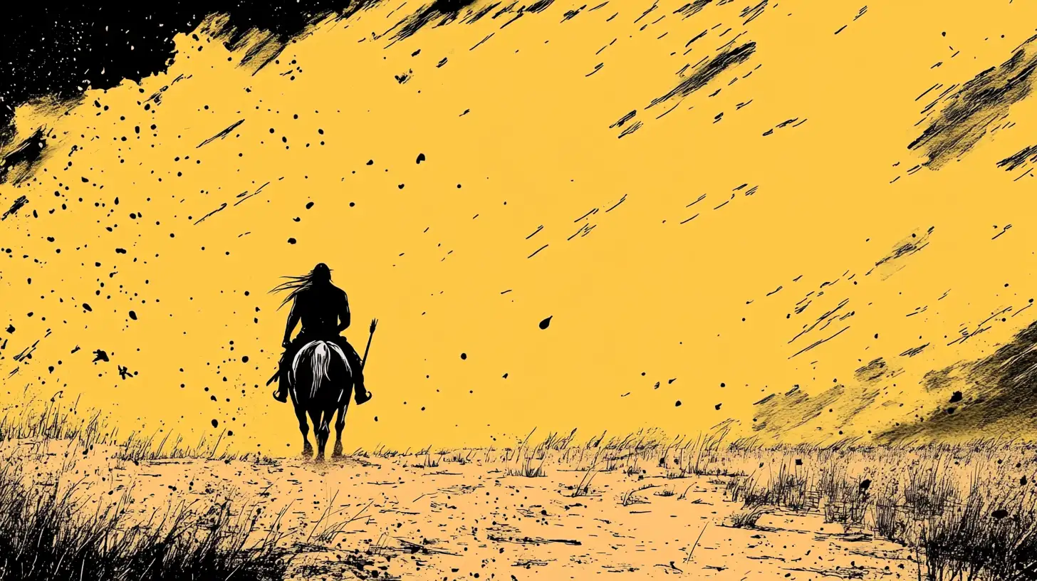 A faceless rider stands in for Crazy Horse, who refused photographs © History Oasis Silhouetted lone rider on horseback crossing the plains under a yellow sky