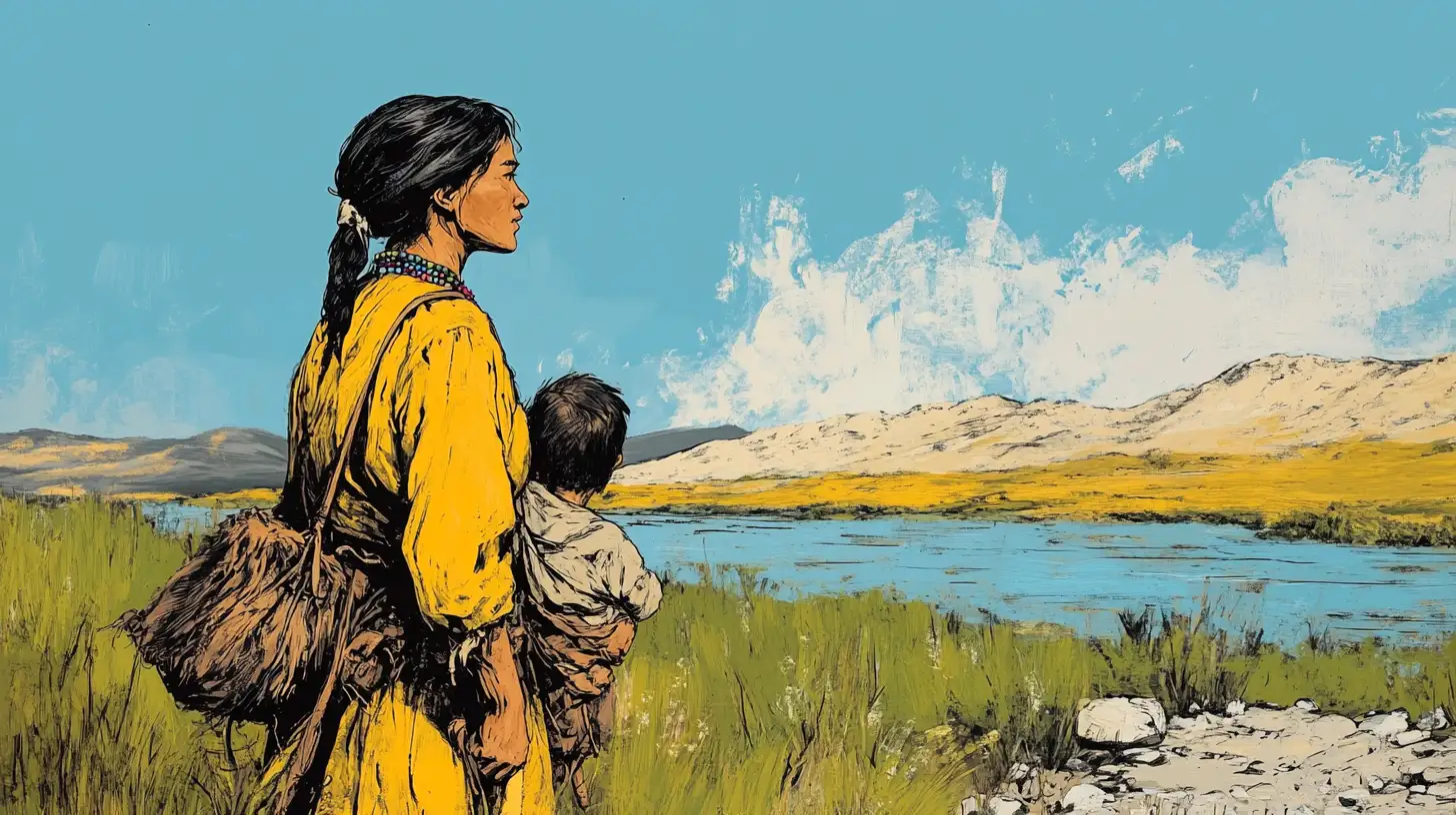 Sacagawea carrying her infant son along the river © History Oasis Woman in a yellow dress carrying an infant on her back beside a river