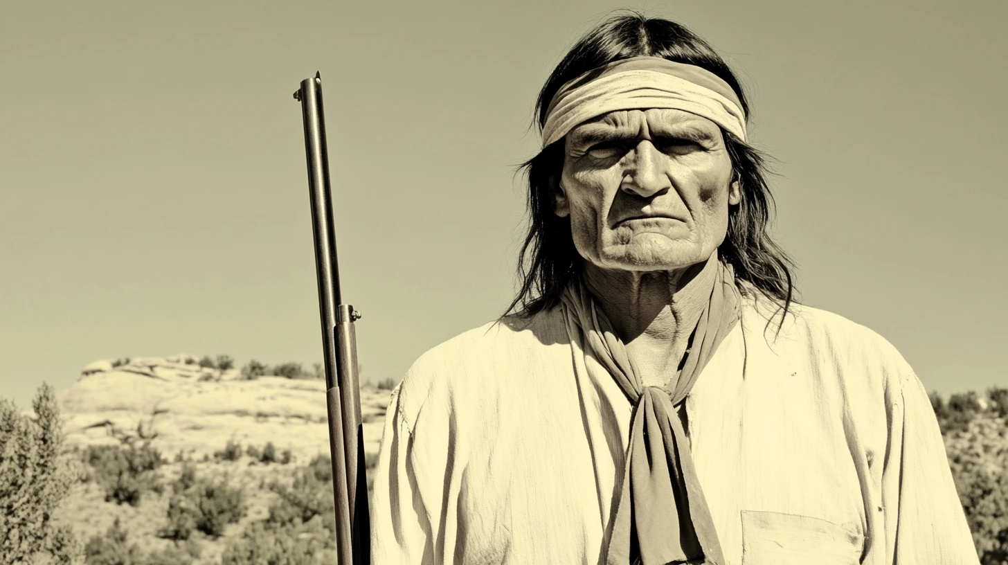 Geronimo with his rifle in the desert Southwest © History Oasis Apache man in a white headband holding a rifle in sepia desert portrait