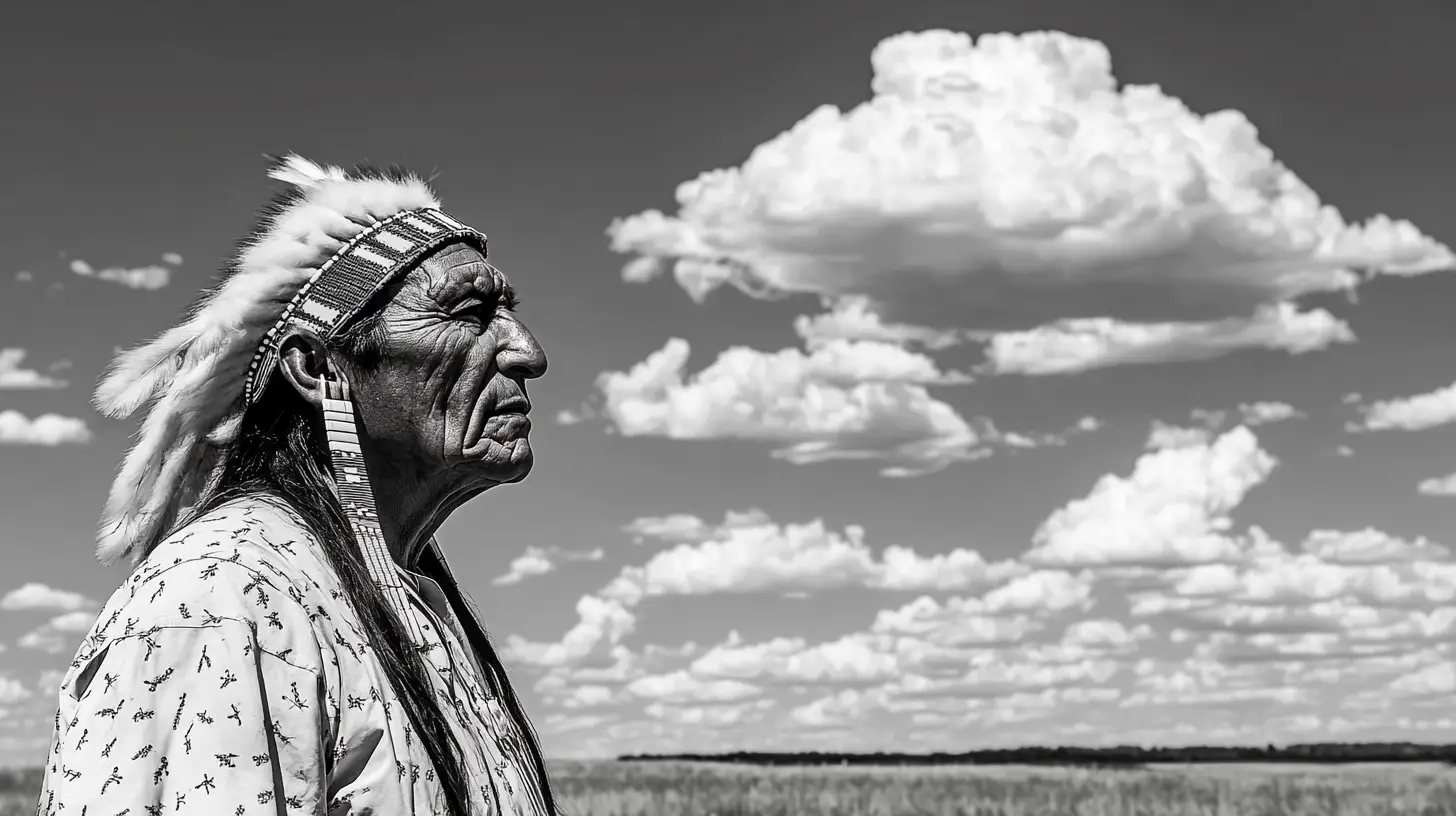 Red Cloud in profile beneath prairie skies © History Oasis Elderly man in a feathered war bonnet in profile against prairie clouds
