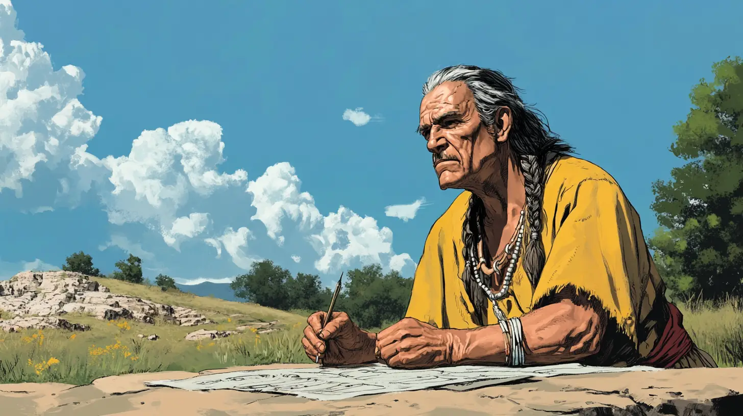 Sequoyah drafting the Cherokee syllabary © History Oasis Gray-haired man writing syllabary characters on a large sheet outdoors