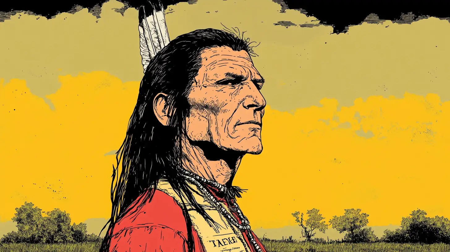 Tecumseh in profile against a yellow sky © History Oasis Long-haired man with a single upright feather and red shirt in profile