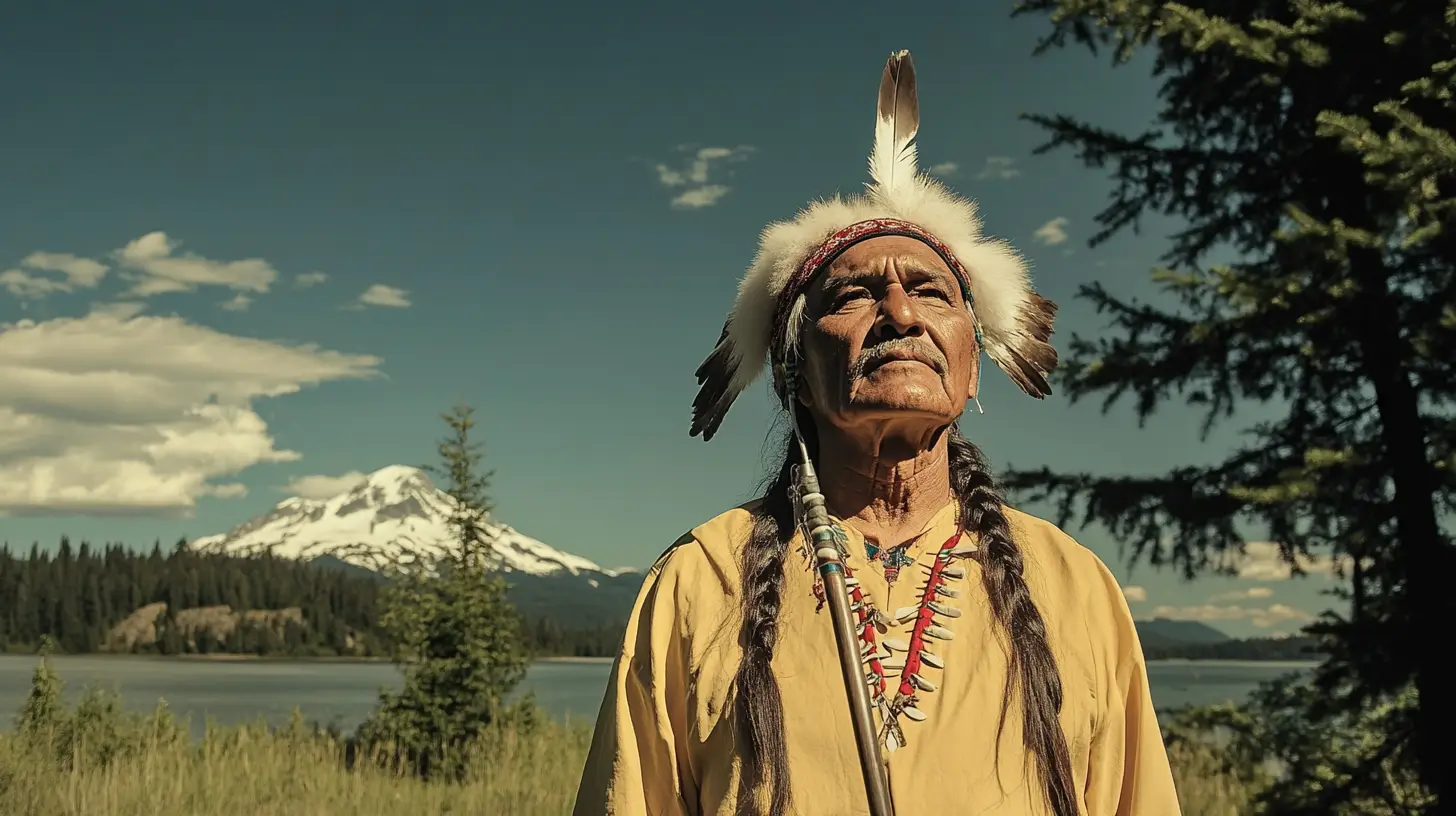 Chief Seattle with a staff above the water © History Oasis Elder in a feathered headdress holding a staff before a lake and snowcapped peak