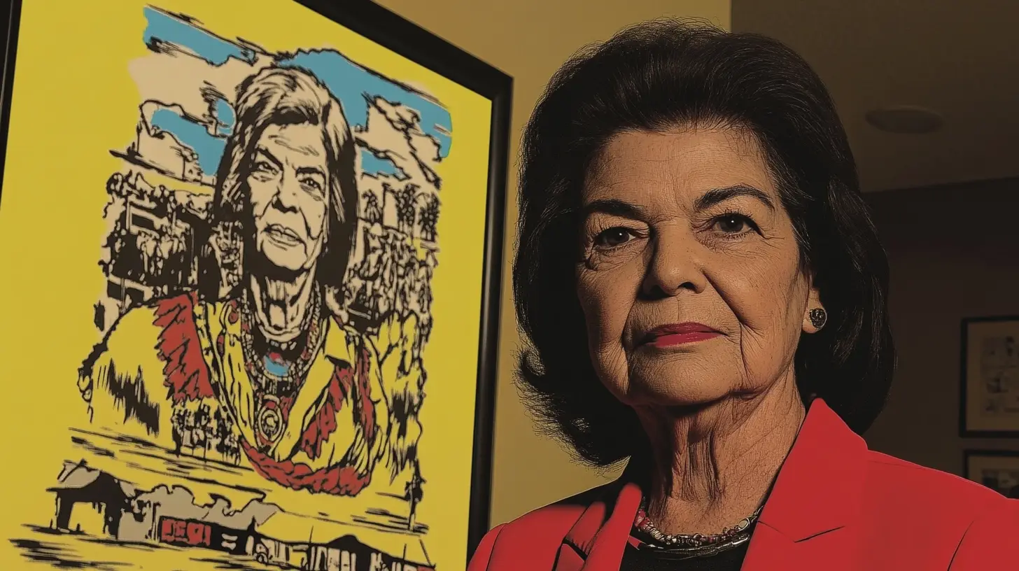 Wilma Mankiller beside a framed portrait print © History Oasis Woman in a red blazer standing beside a framed yellow portrait print
