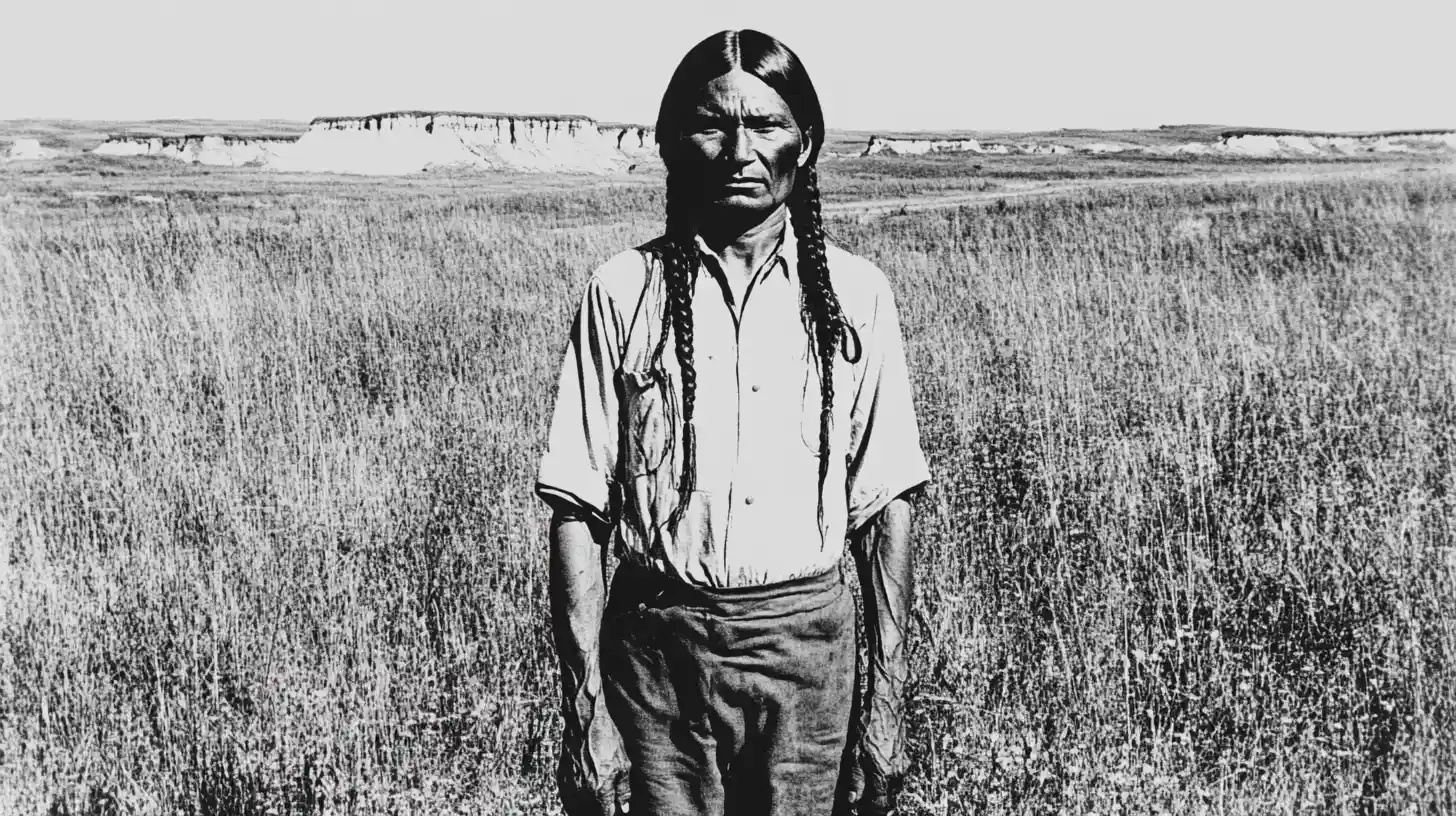 Quanah Parker in tall grass below the mesas © History Oasis Man with long braids in a white shirt standing in tall prairie grass