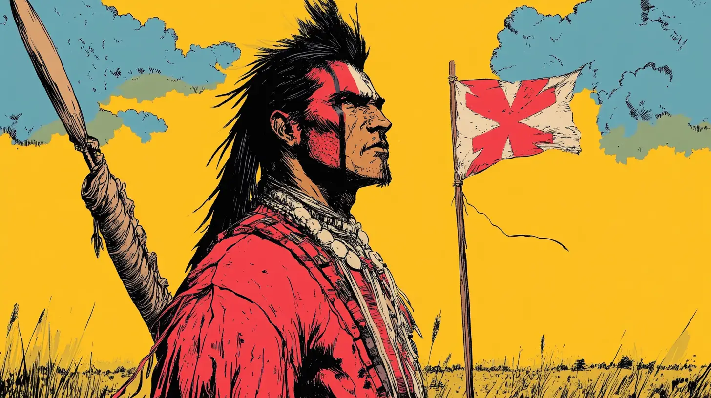 Black Hawk with a war club beside a banner © History Oasis Warrior in a red coat with face paint beside a red-cross banner