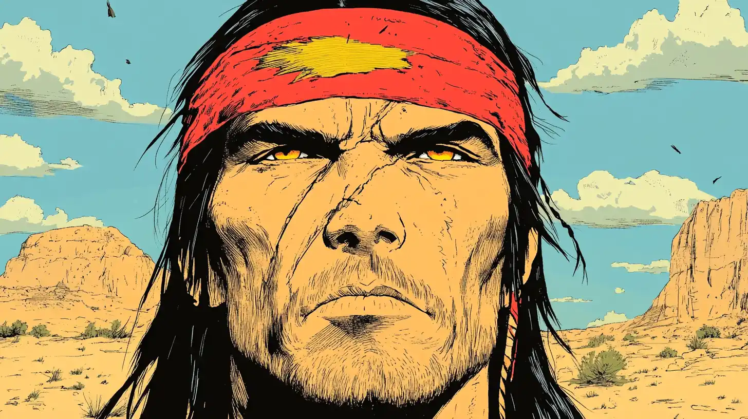 Cochise in the Arizona desert © History Oasis Close-up of a man wearing a red headband in a desert mesa landscape