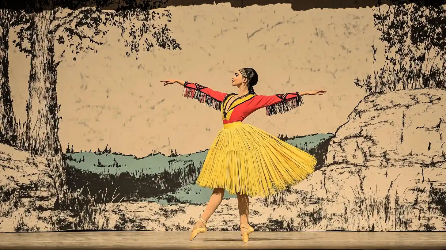 Maria Tallchief dancing before a painted prairie backdrop © History Oasis Ballerina en pointe in a yellow tutu and red fringed bodice onstage