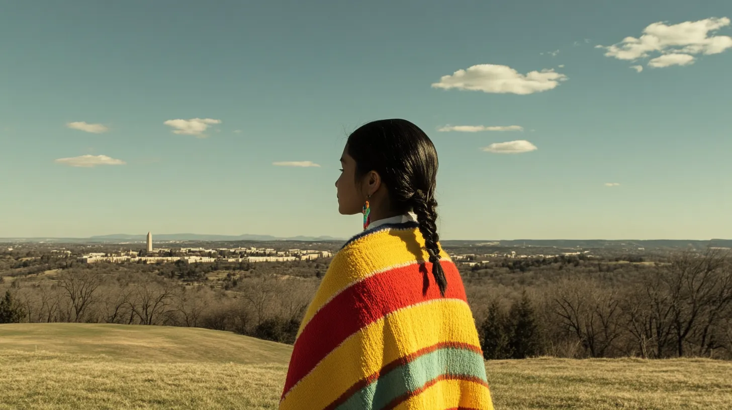 We’wha looking out over Washington D.C. © History Oasis Person in a striped blanket with a long braid overlooking Washington D.C.