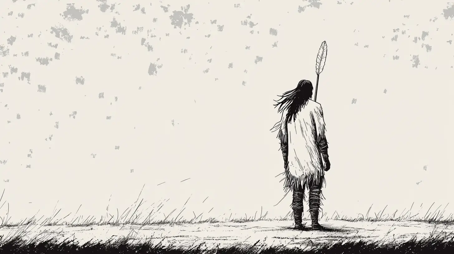 Black Kettle standing alone on the plain © History Oasis Ink sketch of a lone figure holding a feathered staff on an empty plain