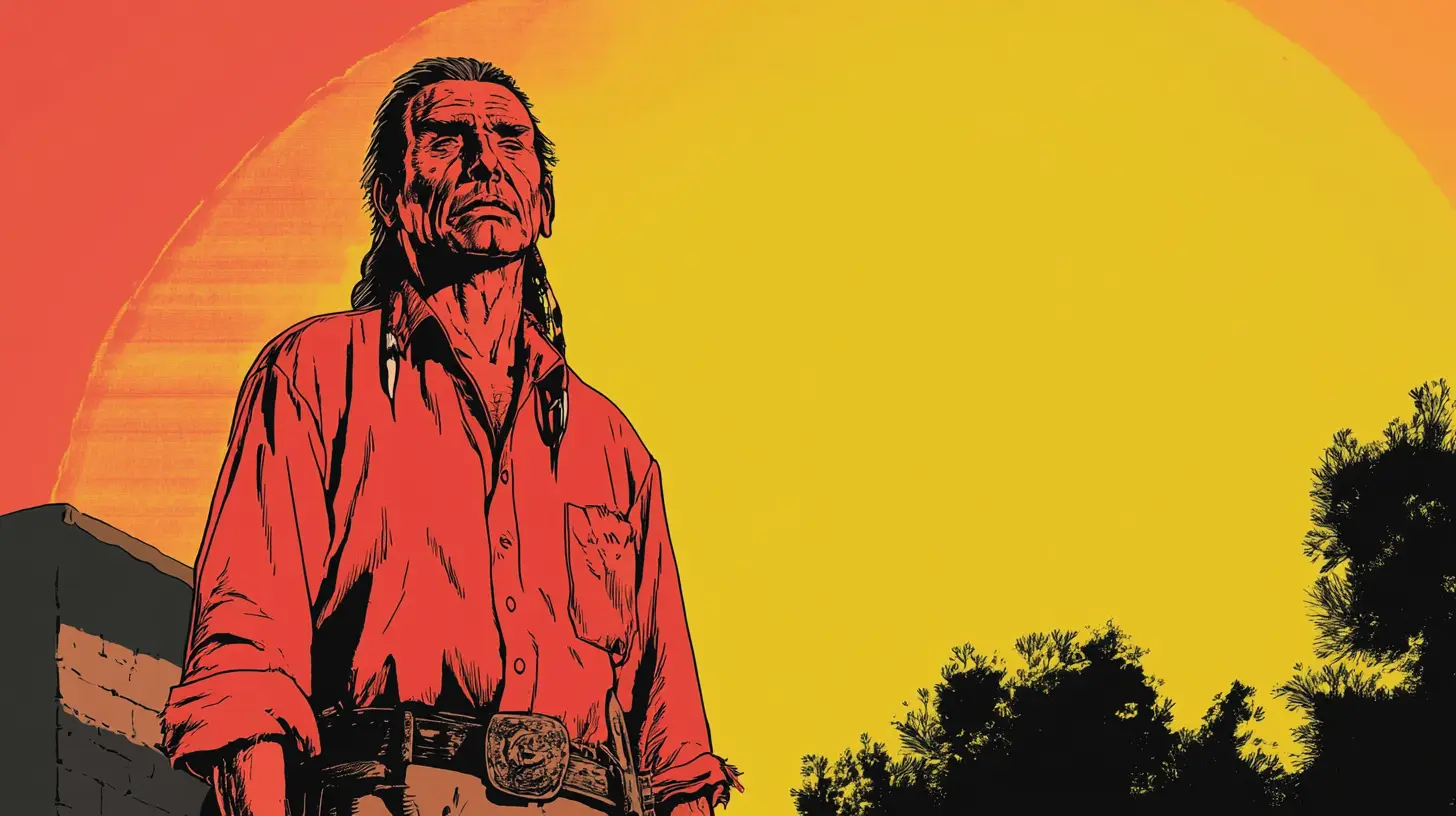 Red Jacket silhouetted against a setting sun © History Oasis Older man in a red shirt with wrapped braids against a setting sun
