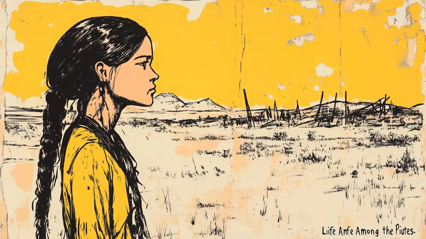 Sarah Winnemucca in profile above the high desert © History Oasis Young woman with long braids in a yellow dress facing a desert basin