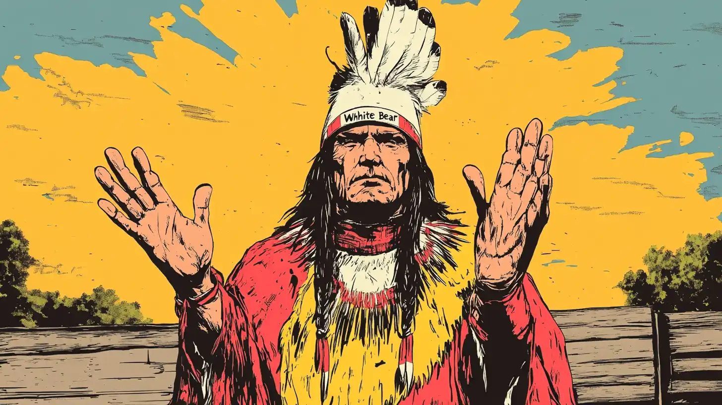 Satanta with both hands raised mid-speech © History Oasis Kiowa chief with raised hands in a feathered headdress and red robe