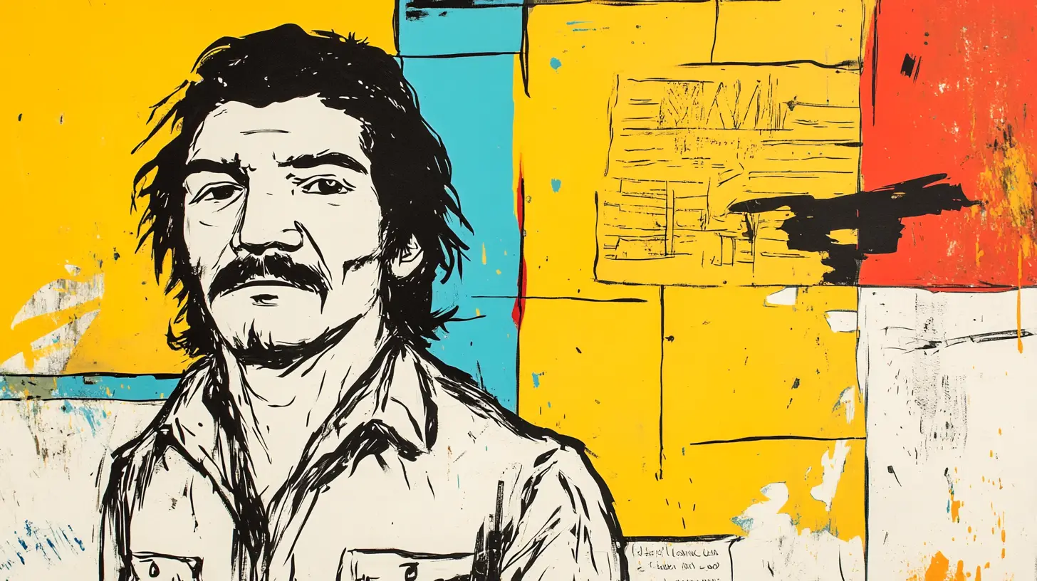 Leonard Peltier in a screen-print style portrait © History Oasis Bold ink portrait of a mustached man against yellow and red color blocks