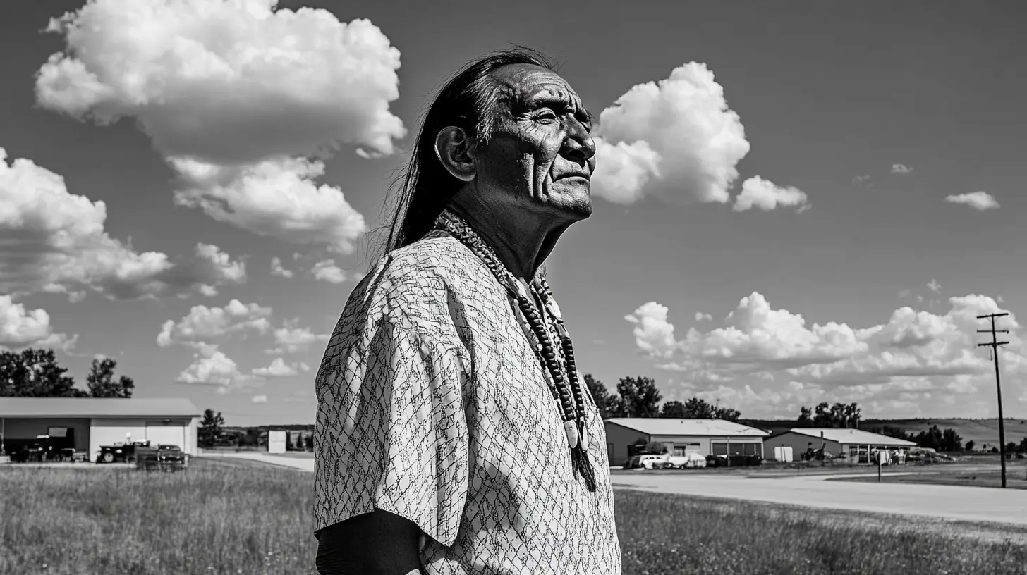 Russell Means outside a reservation town © History Oasis Long-haired man in a patterned shirt and bone choker under a prairie sky