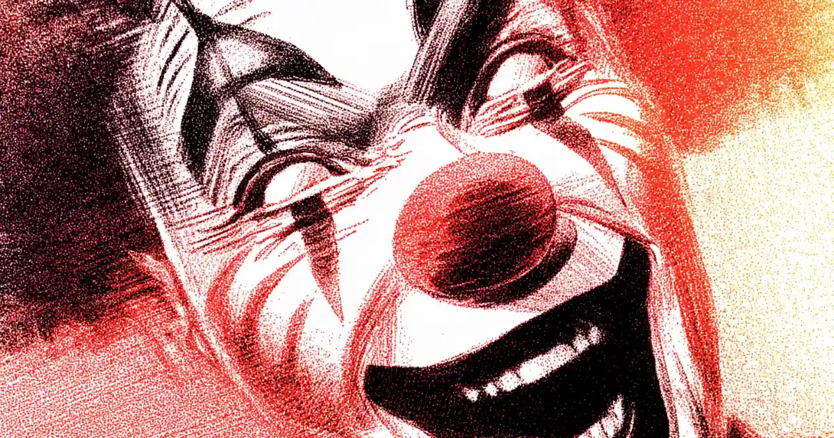 Creepy clown illustration © History Oasis sinister creepy clown face illustration in red and black