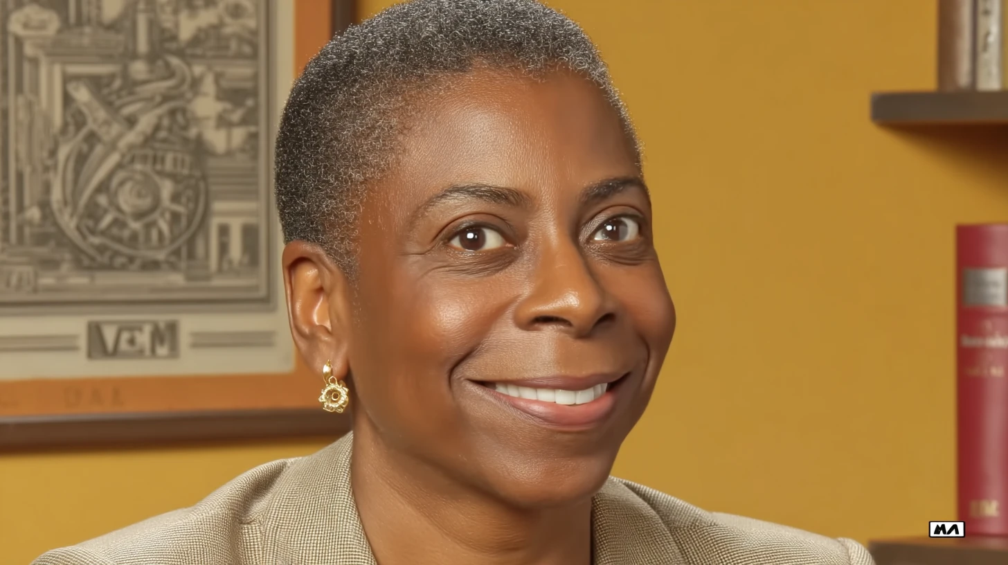Ursula Burns portrait, smiling in a tan blazer and gold earrings