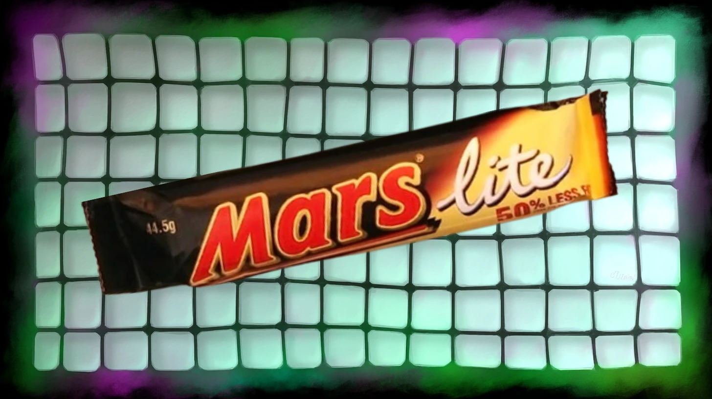 Mars lite candy bar wrapper advertising 50% less fat