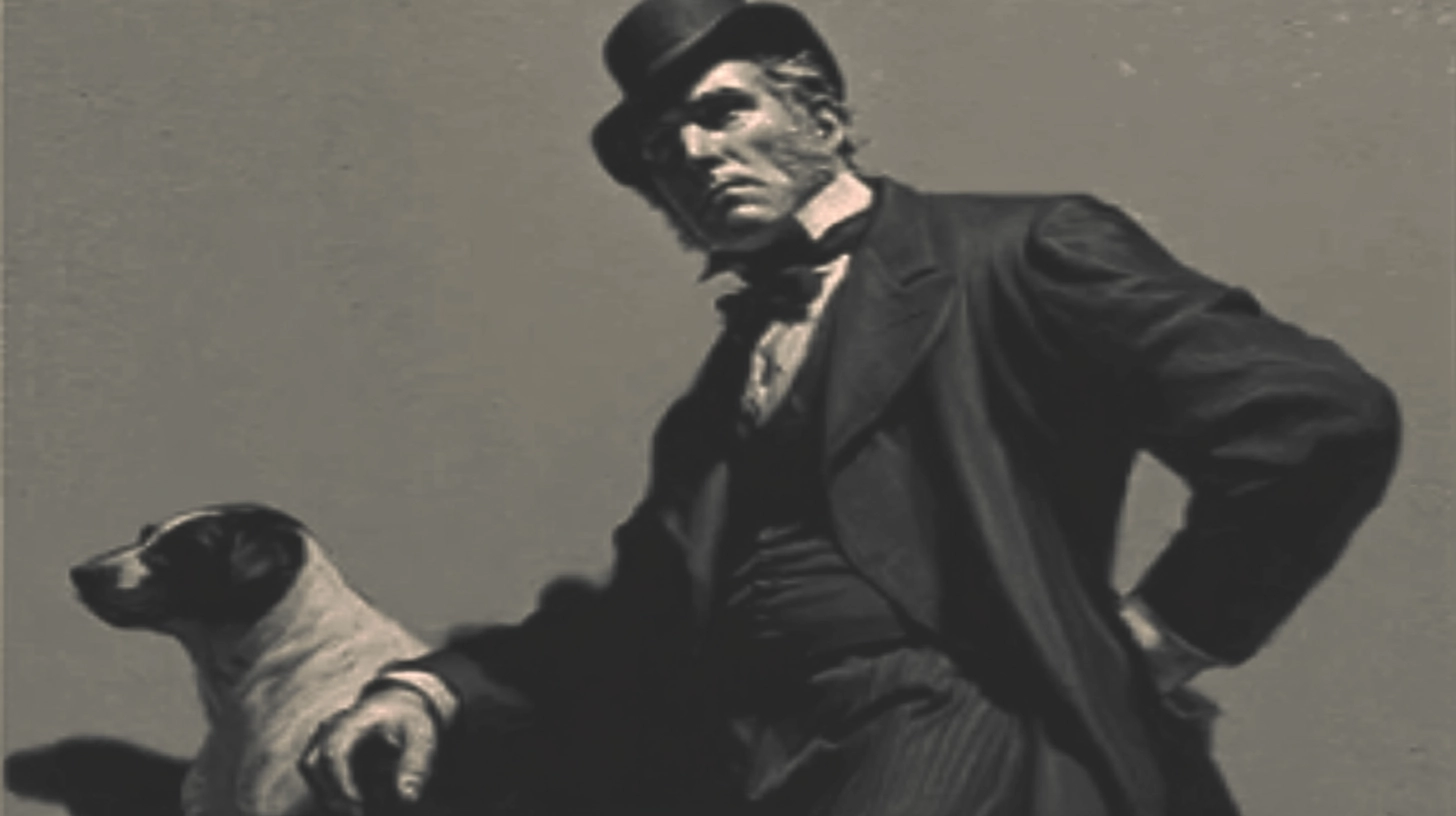 Victorian man in a bowler hat with a terrier © History Oasis Victorian man in bowler hat and frock coat standing beside terrier