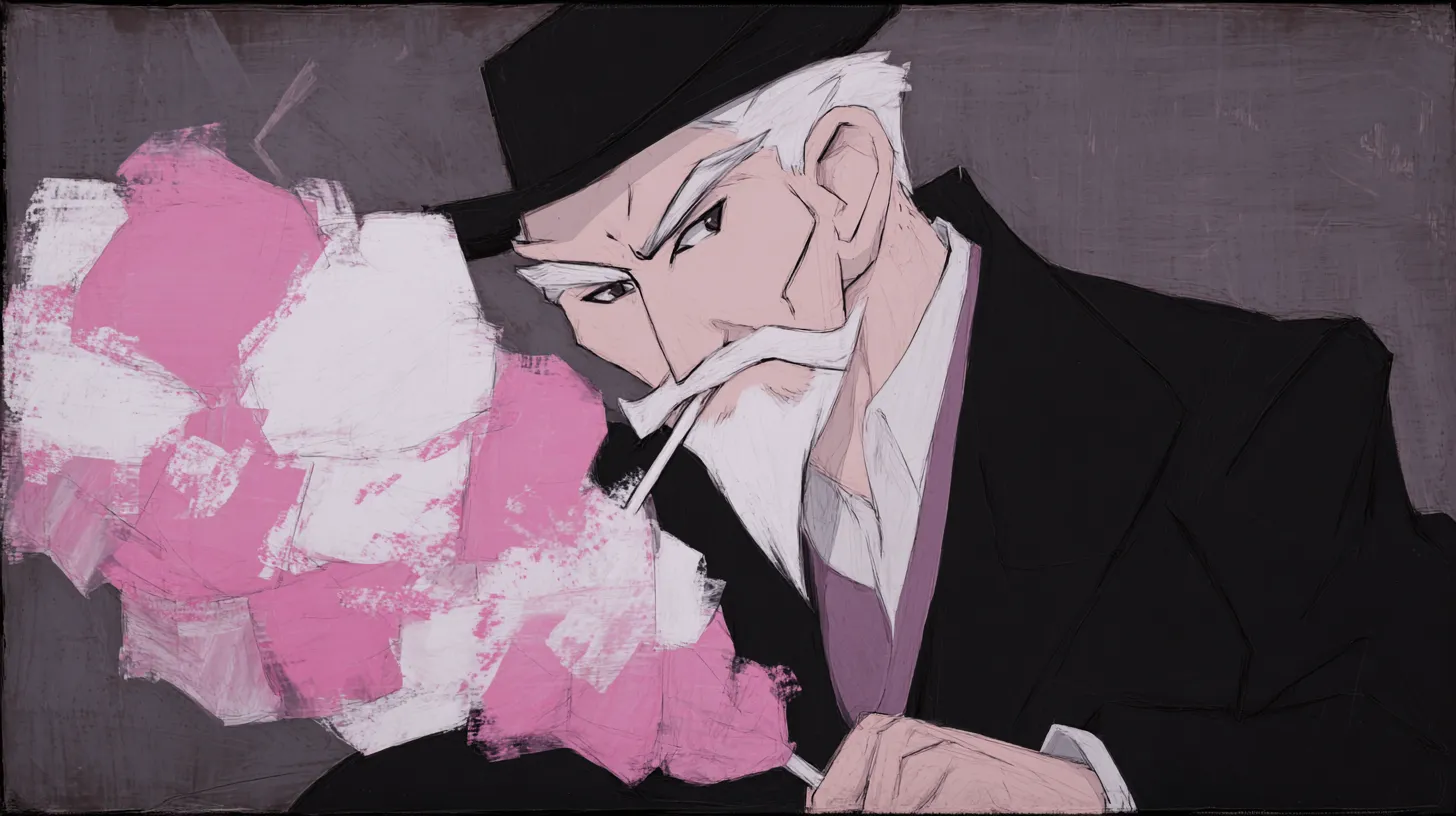 Illustrated elderly man in top hat holding pink cotton candy, side profile