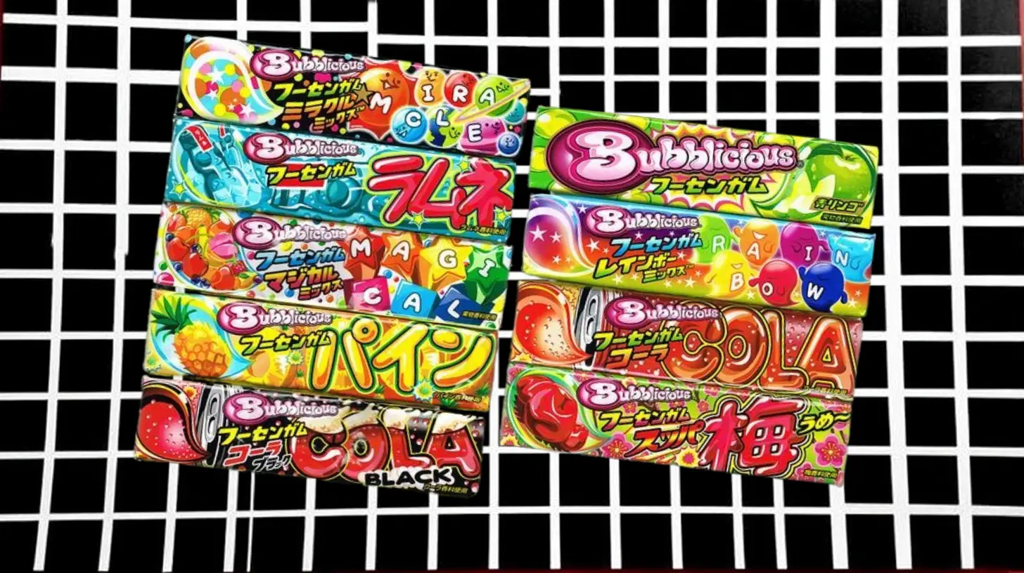 Japanese Bubblicious gum packs: Ramune, Cola, Pineapple, Rainbow Mix flavors
