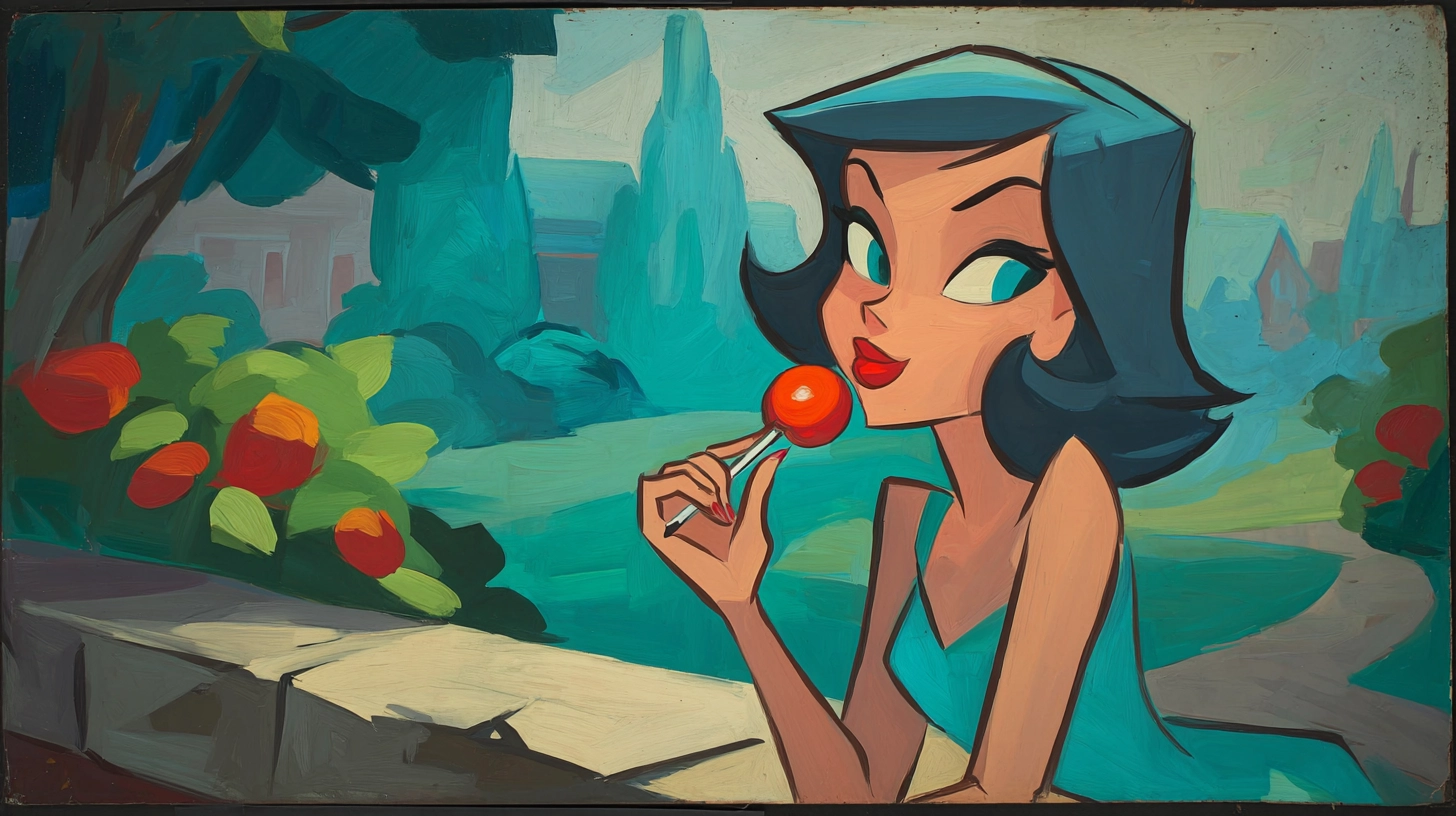 Retro cartoon painting of a woman holding a red lollipop