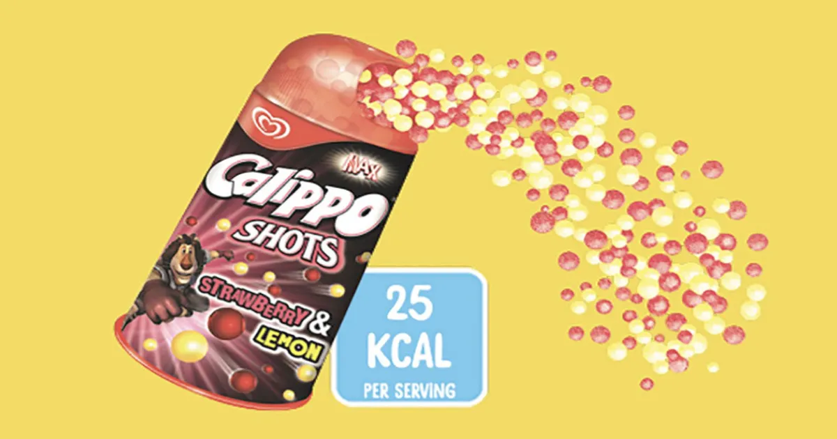 Calippo Shots Strawberry and Lemon cup spilling frozen ice balls