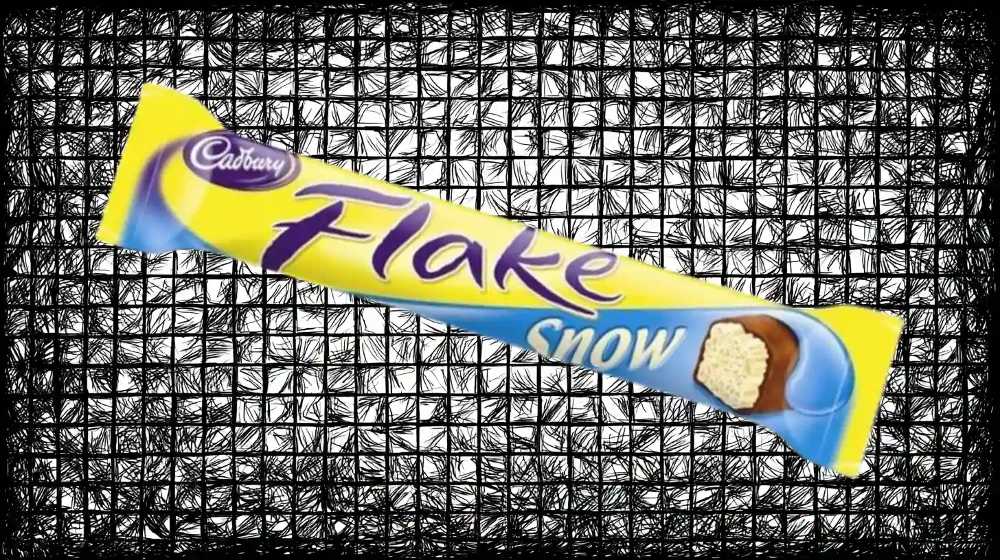 Cadbury Flake Snow bar in yellow and blue wrapper