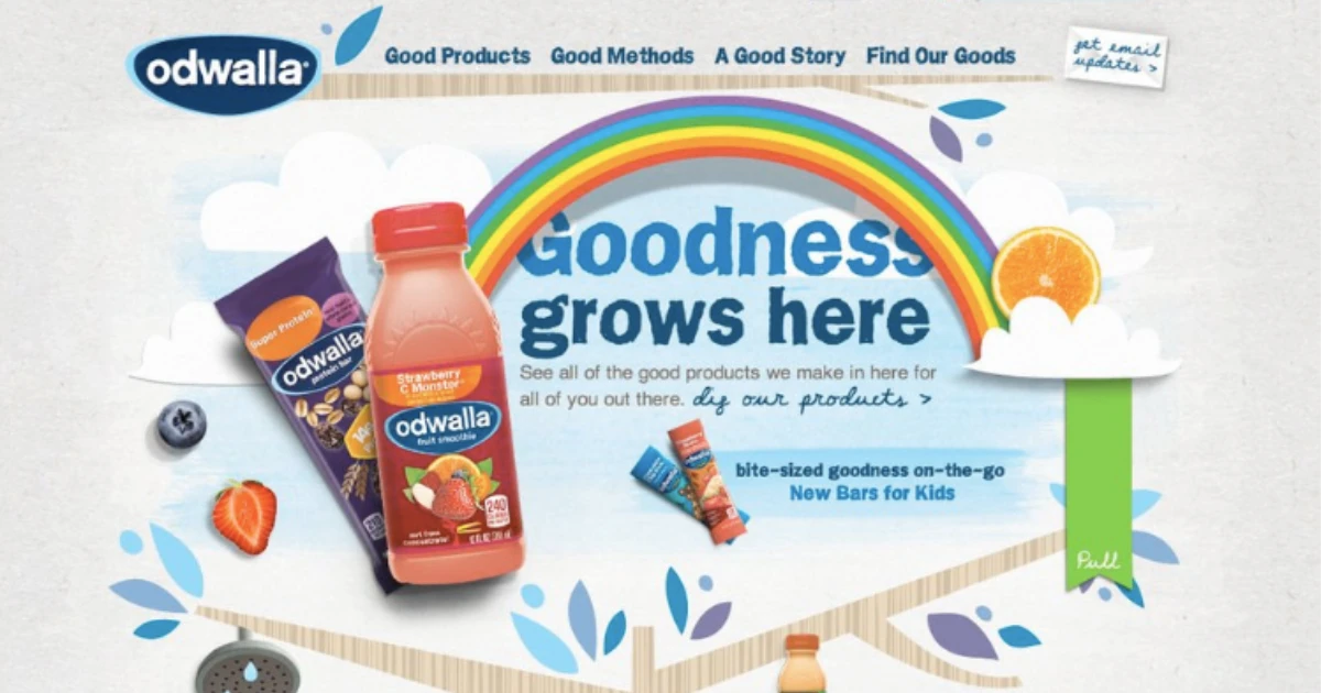 Odwalla website homepage with strawberry smoothie bottle and protein bar