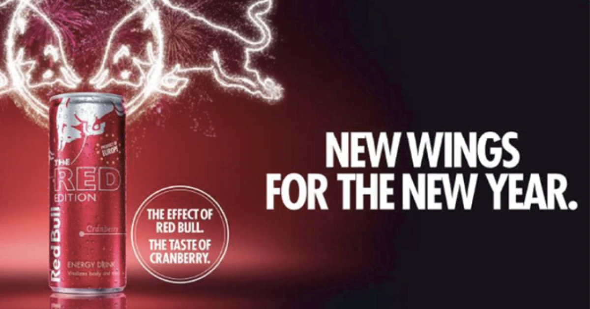 Red Bull's New Year ad for the cranberry Red Edition — Red Bull Red Bull Red Edition cranberry can in a New Wings for the New Year advertisement