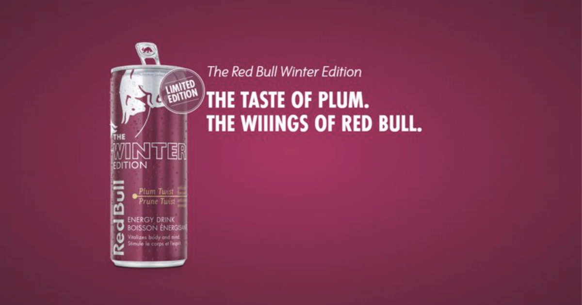 A Canadian ad for the Winter Edition Plum Twist — Red Bull Red Bull Winter Edition Plum Twist can on a bilingual Canadian limited-edition advertisement