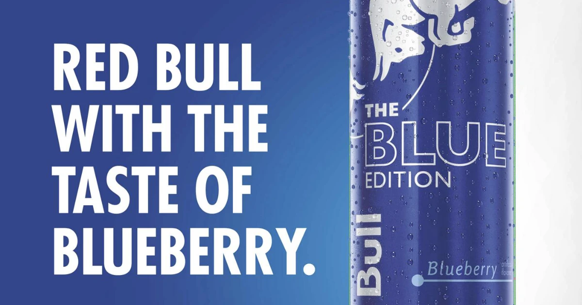 Red Bull's ad for the blueberry Blue Edition — Red Bull Red Bull Blue Edition blueberry can in a taste-of-blueberry advertisement