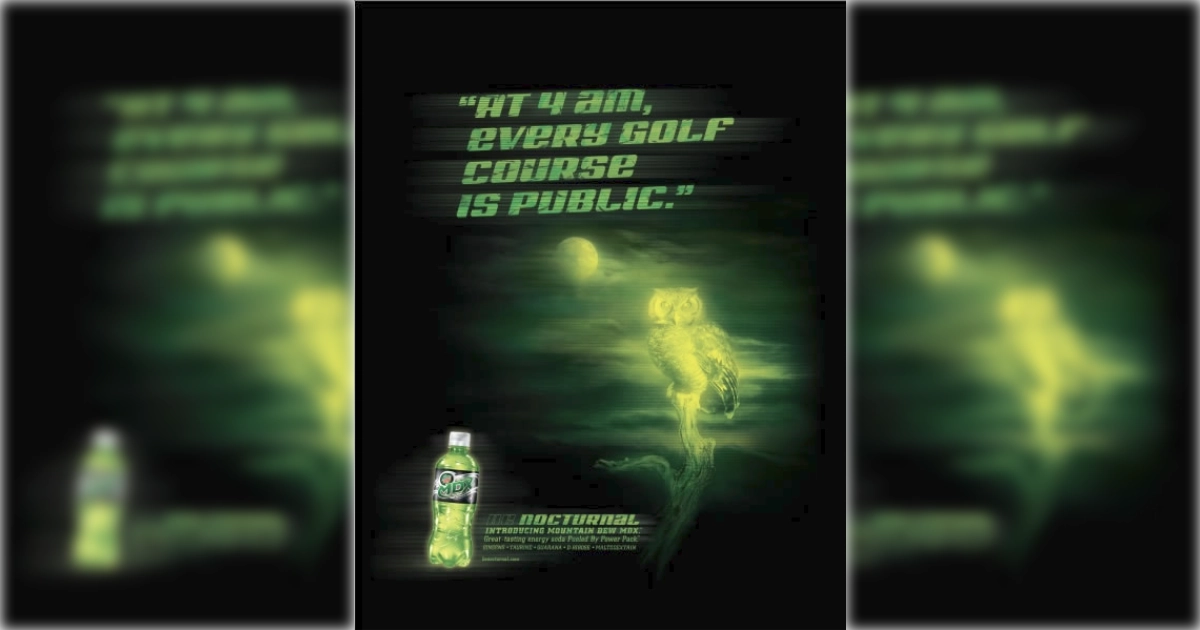 PepsiCo Mountain Dew MDX Nocturnal print ad with glowing green owl
