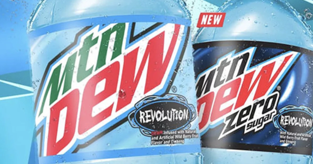 PepsiCo Two light blue Mtn Dew Revolution bottles, regular and Zero Sugar