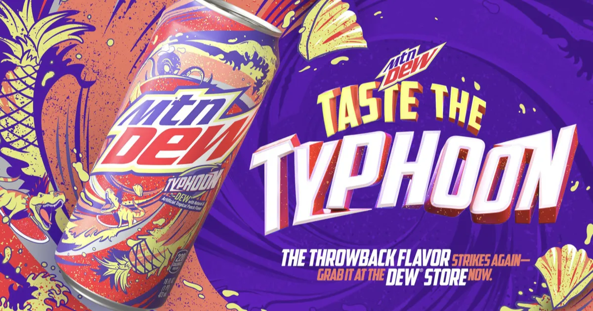 PepsiCo Mtn Dew Typhoon tropical punch can with purple wave artwork