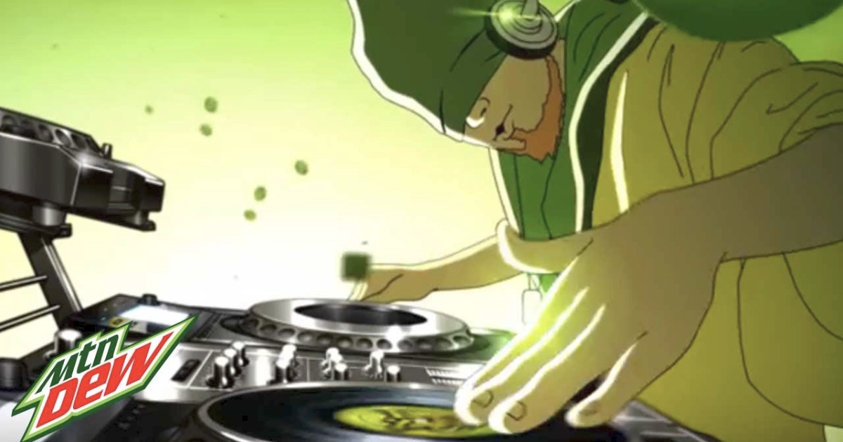 PepsiCo Animated DJ mixing on turntables in a Mtn Dew commercial