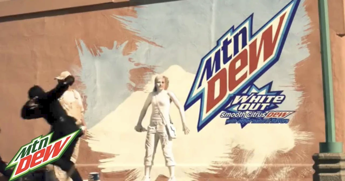 PepsiCo Mtn Dew White Out logo painted on a desert wall mural