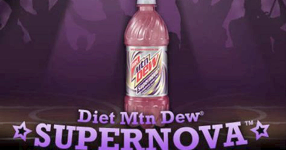 PepsiCo Pink Diet Mtn Dew Supernova bottle on a purple background