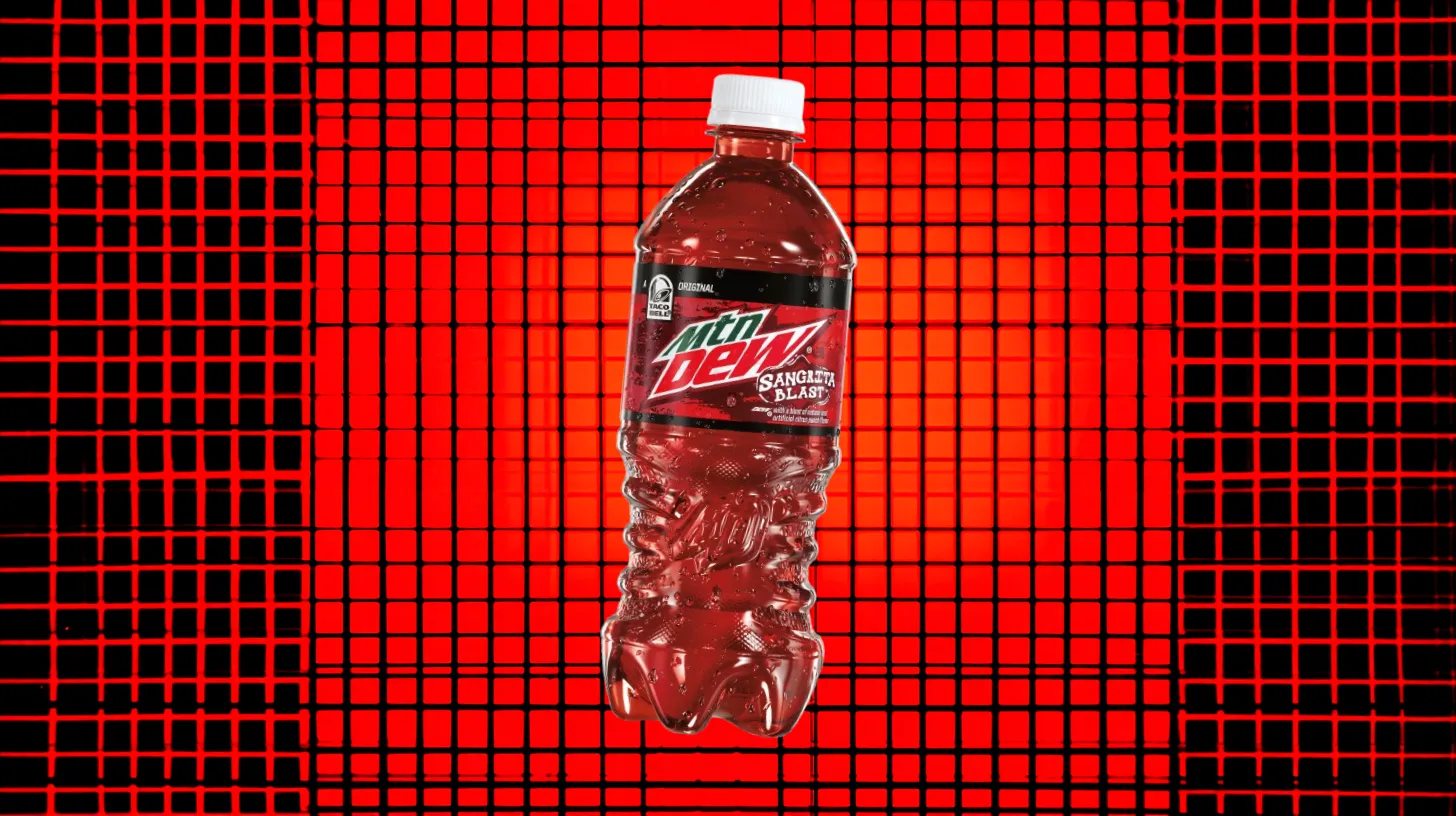 PepsiCo Mtn Dew Sangrita Blast dark red soda bottle on red grid