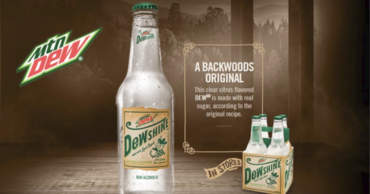 PepsiCo Mtn Dew DewShine clear soda glass bottle and four-pack ad