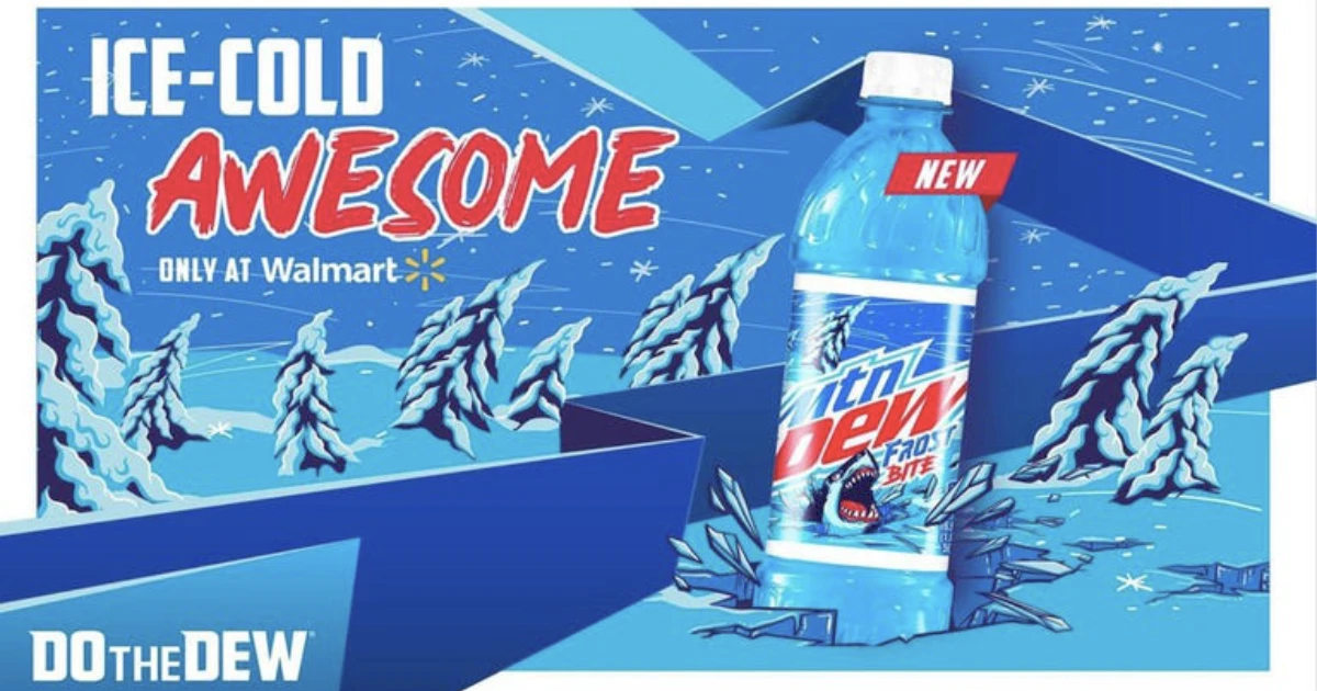 PepsiCo Mtn Dew Frost Bite blue bottle in snowy Walmart ad