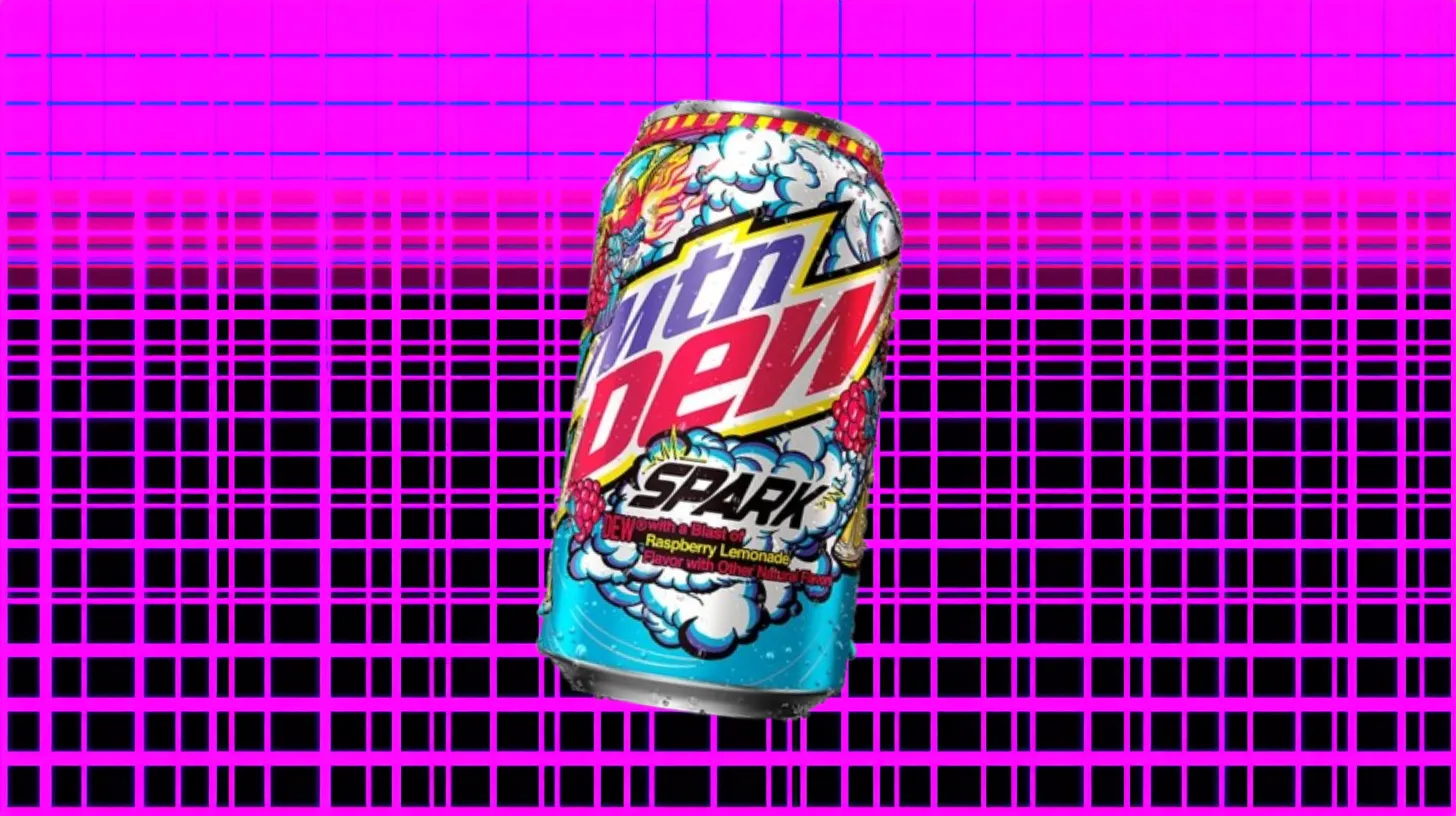 PepsiCo Mtn Dew Spark raspberry lemonade can on magenta grid background