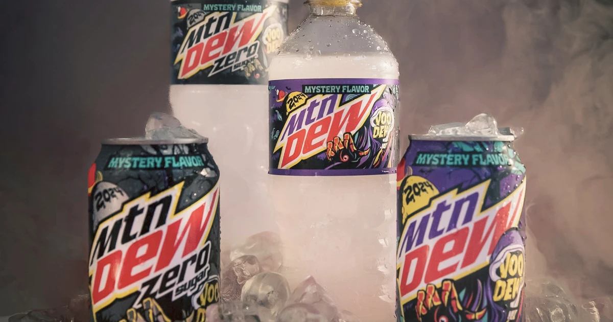 PepsiCo Mtn Dew Voo-Dew 2024 mystery flavor cans and bottle on ice